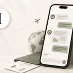 Phone displaying an Instinct AI chatbot travel conversation, next to a passport, ticket, and globe