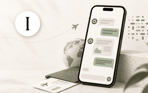 Phone displaying an Instinct AI chatbot travel conversation, next to a passport, ticket, and globe