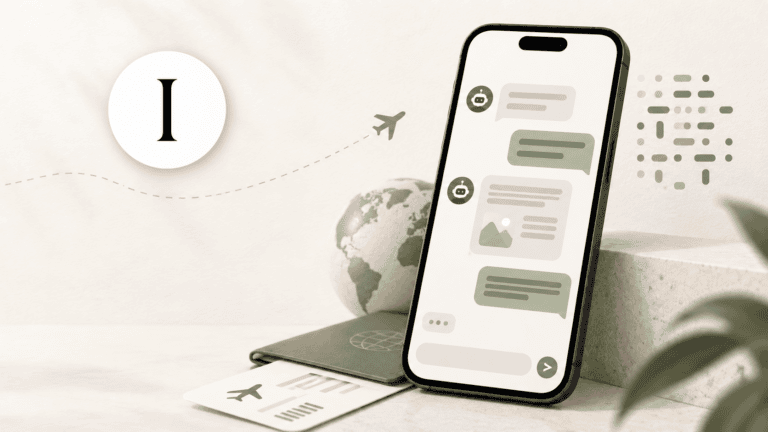 Phone displaying an Instinct AI chatbot travel conversation, next to a passport, ticket, and globe