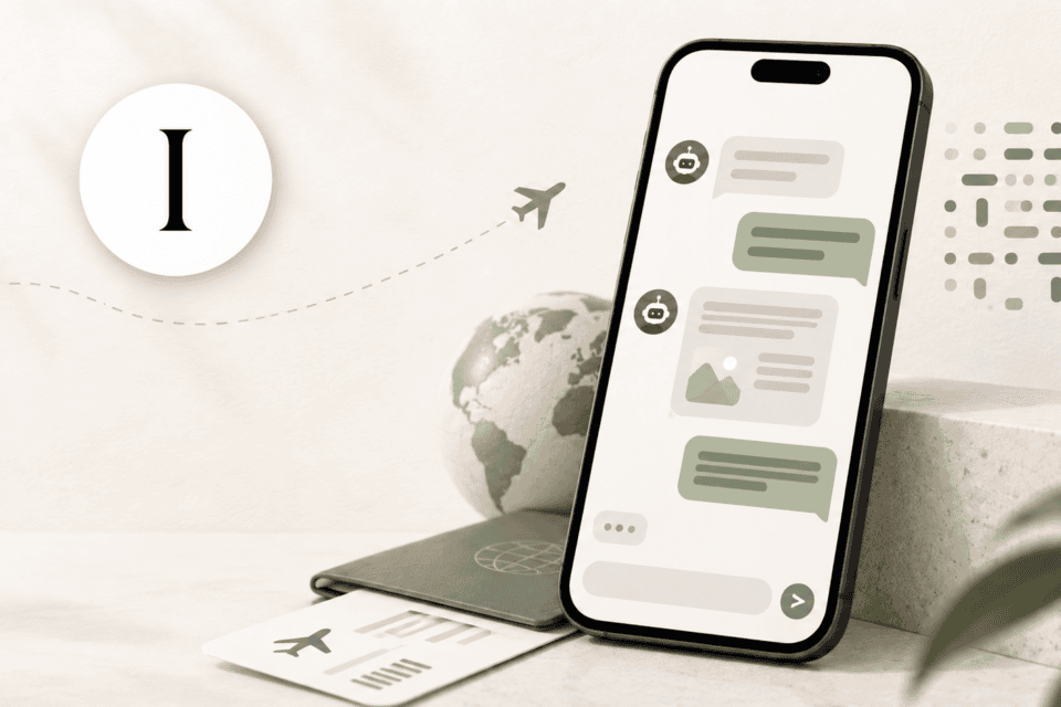 Phone displaying an Instinct AI chatbot travel conversation, next to a passport, ticket, and globe