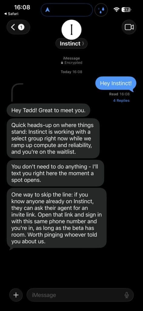iMessage conversation with Instinct explaining that access is currently limited and the user has joined a waitlist