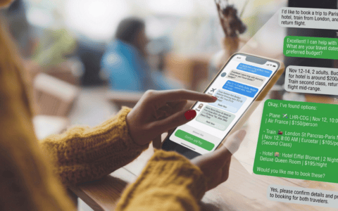 Chat conversation on a phone showing an AI travel assistant booking a Paris trip: flight, train, and hotel options with prices, awaiting user confirmation to complete booking