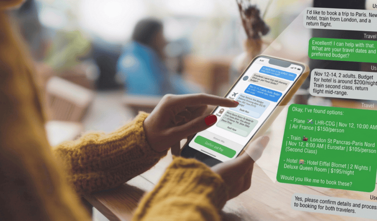 Chat conversation on a phone showing an AI travel assistant booking a Paris trip: flight, train, and hotel options with prices, awaiting user confirmation to complete booking