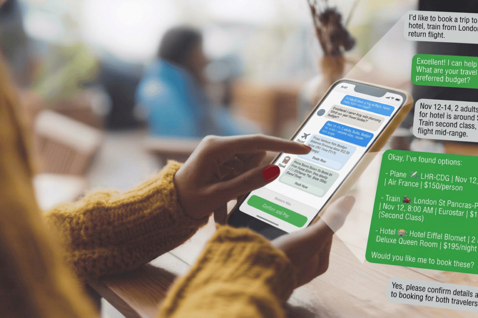 Chat conversation on a phone showing an AI travel assistant booking a Paris trip: flight, train, and hotel options with prices, awaiting user confirmation to complete booking